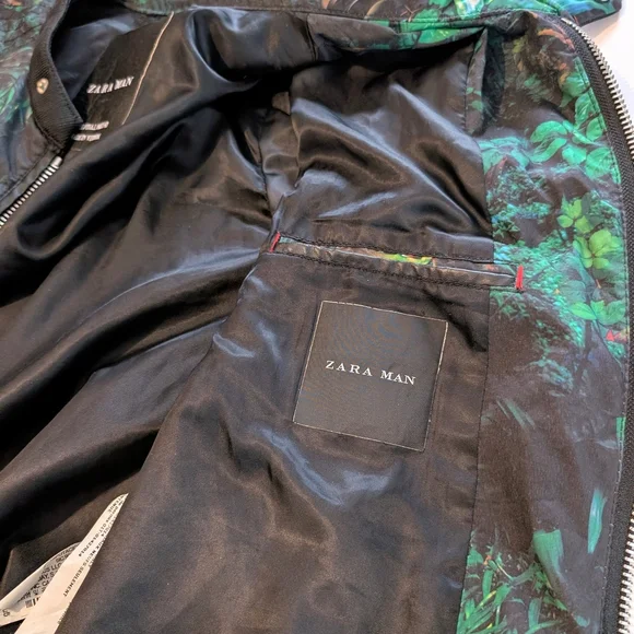 Zara Man Black And Tropical Print Bomber Jacket ~ Size Medium - Picture 9 of 15